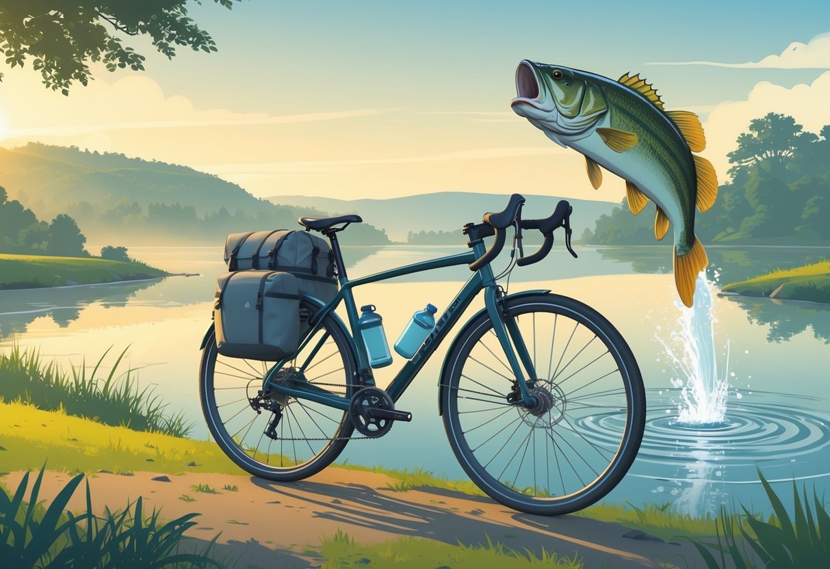 Sebuah sepeda touring diparkir di tepi sungai yang tenang dengan latar belakang perbukitan hijau dan ikan bass besar melompat dari air.
