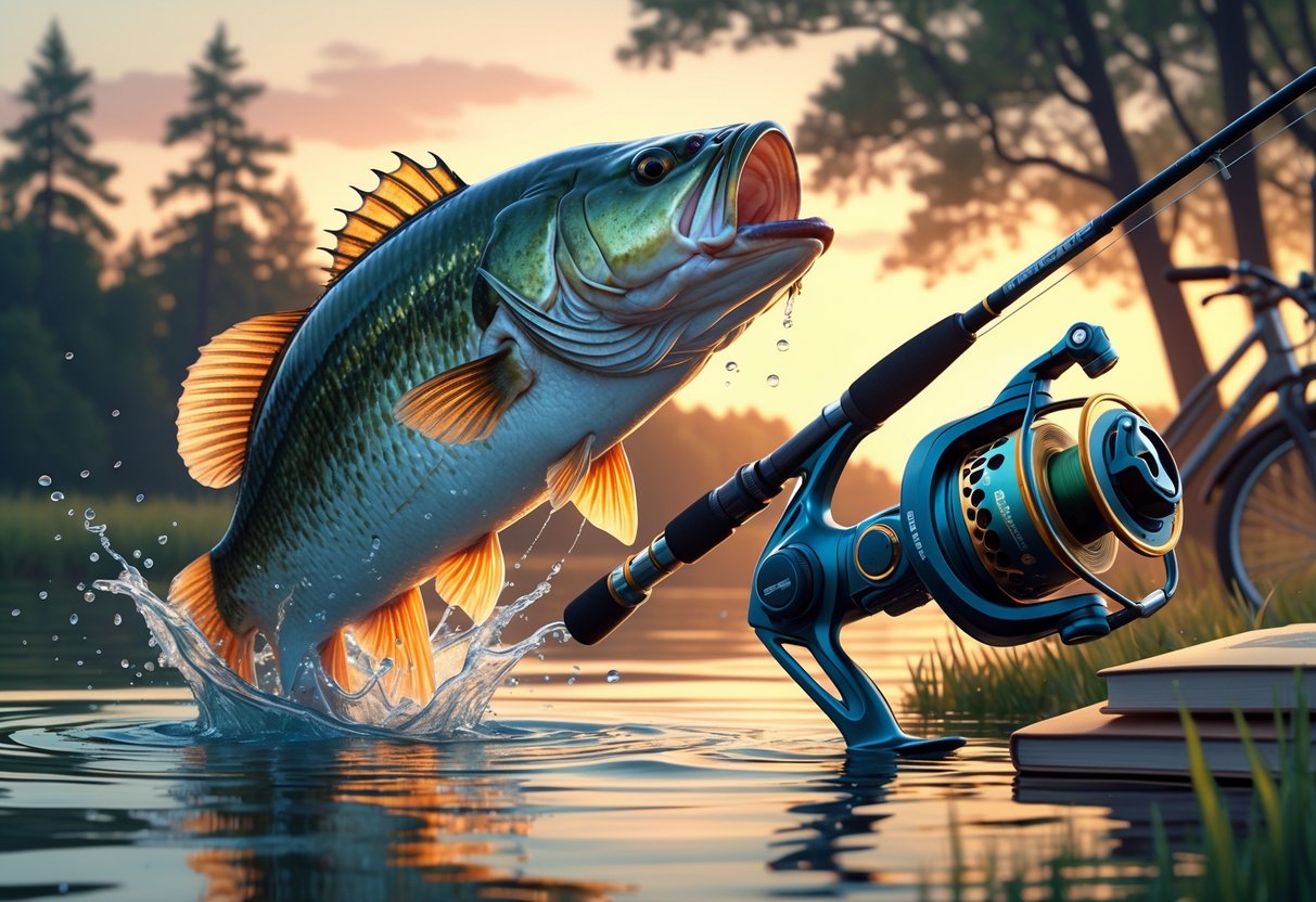 Seekor ikan bass besar sedang melompat dari air dan memancing dengan alat pancing canggih di sebuah danau saat fajar, dengan sepeda touring dan buku di latar belakang.