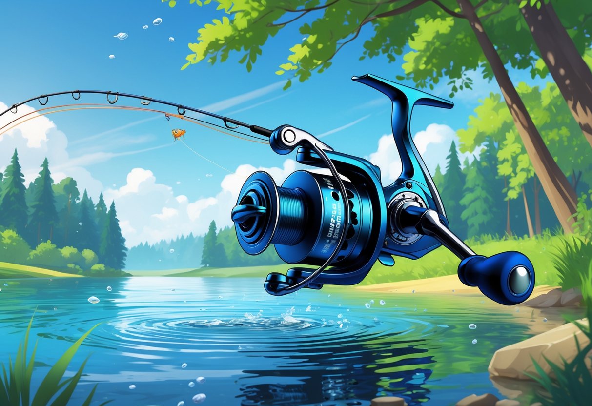 Ilustrasi seorang pemancing dengan reel memancing yang sedang melemparkan tali di tepi danau yang dikelilingi pepohonan hijau.