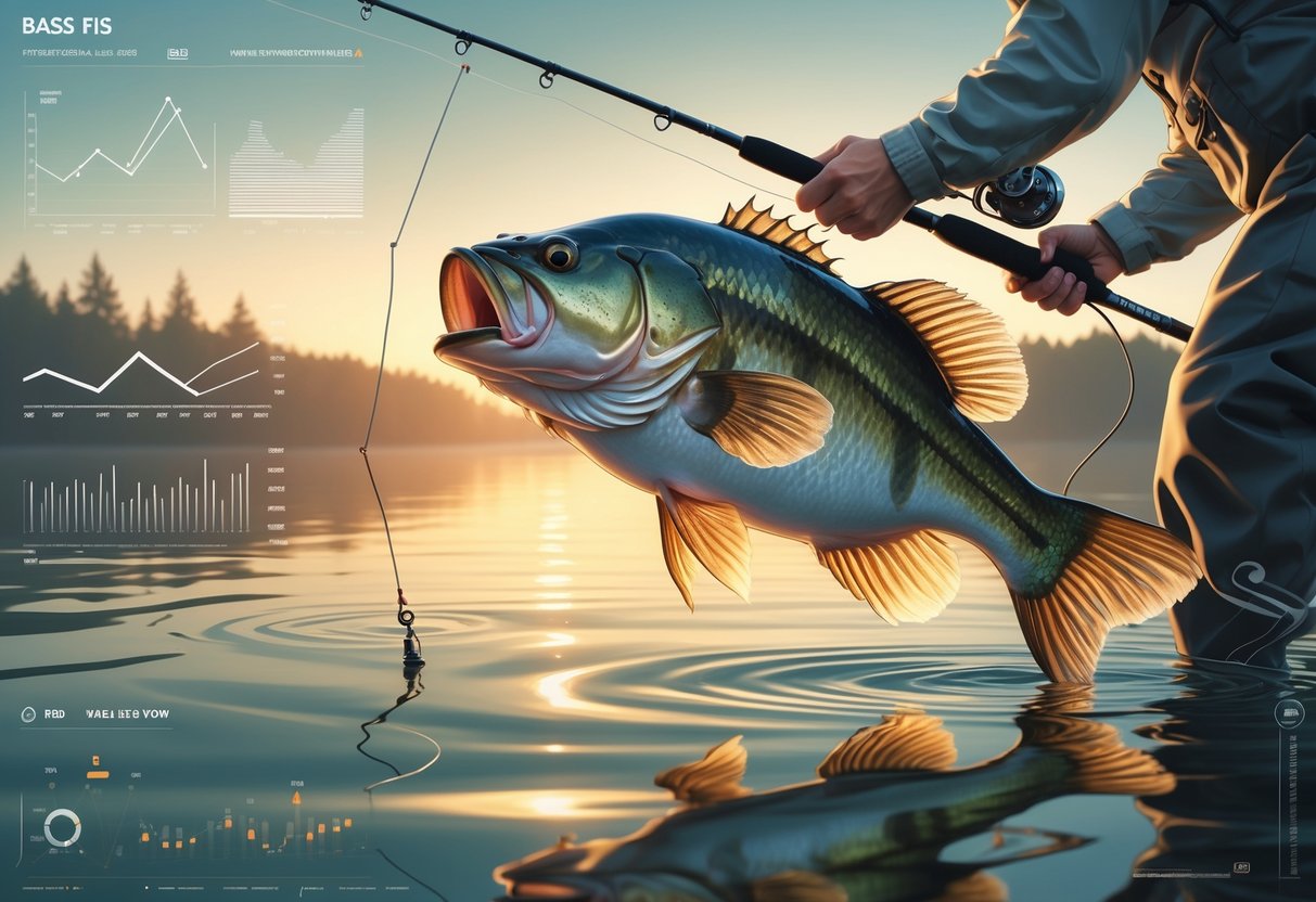 Seorang pemancing memegang joran dengan ikan bass besar yang tertangkap di danau saat matahari terbit.