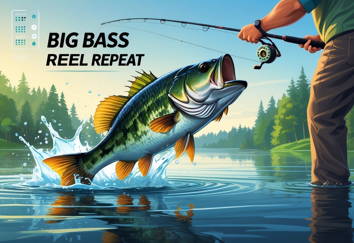 Ikan bass besar melompat dari permukaan air di danau yang tenang dengan latar pepohonan hijau dan langit cerah.