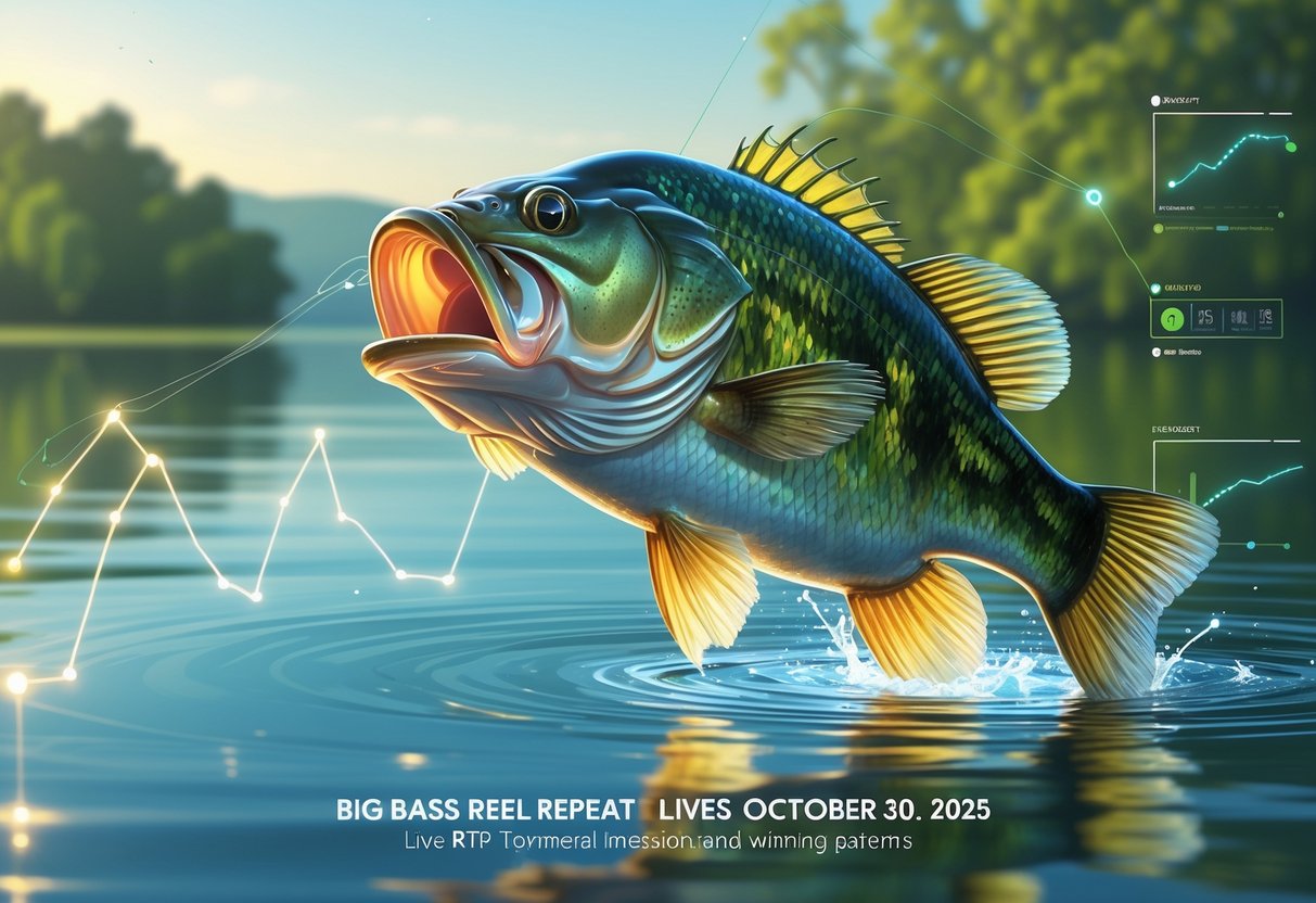 Ikan bass besar melompat dari air di danau yang tenang dengan latar belakang pepohonan hijau dan elemen grafik data yang samar di sekitar ikan.