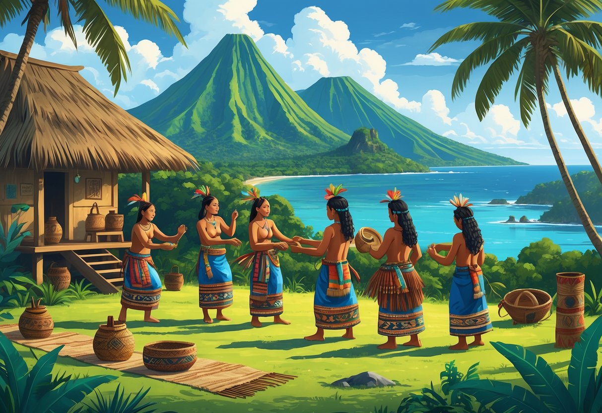 Ilustrasi anggota suku Flores mengenakan pakaian tradisional sedang melakukan aktivitas budaya di latar belakang pemandangan alam Flores dengan gunung dan hutan.