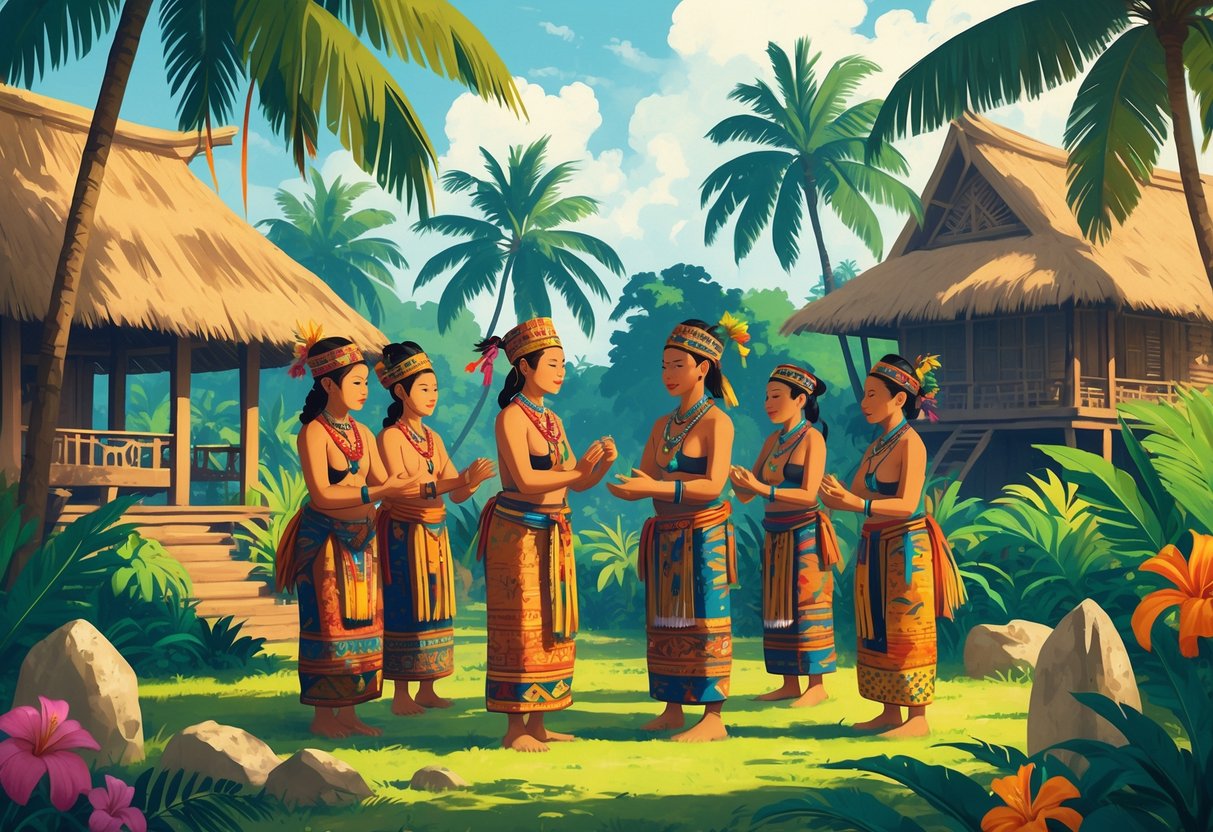 Sekelompok orang suku Flores mengenakan pakaian tradisional sedang melakukan upacara di lingkungan tropis dengan rumah adat dan tanaman khas Flores di latar belakang.