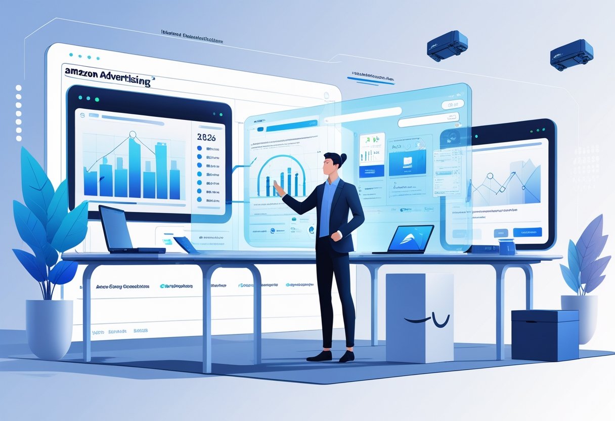 A business professional interacting with futuristic digital screens showing advertising data and product images in a modern workspace.