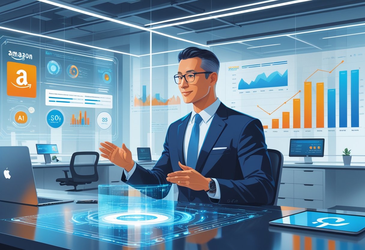 A business professional presenting futuristic digital advertising data on holographic screens in a modern office setting.