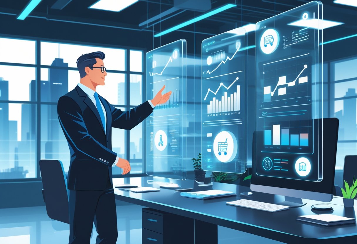 A business expert in a modern office analyzing floating digital charts and Amazon-related icons, with a futuristic city visible through large windows.