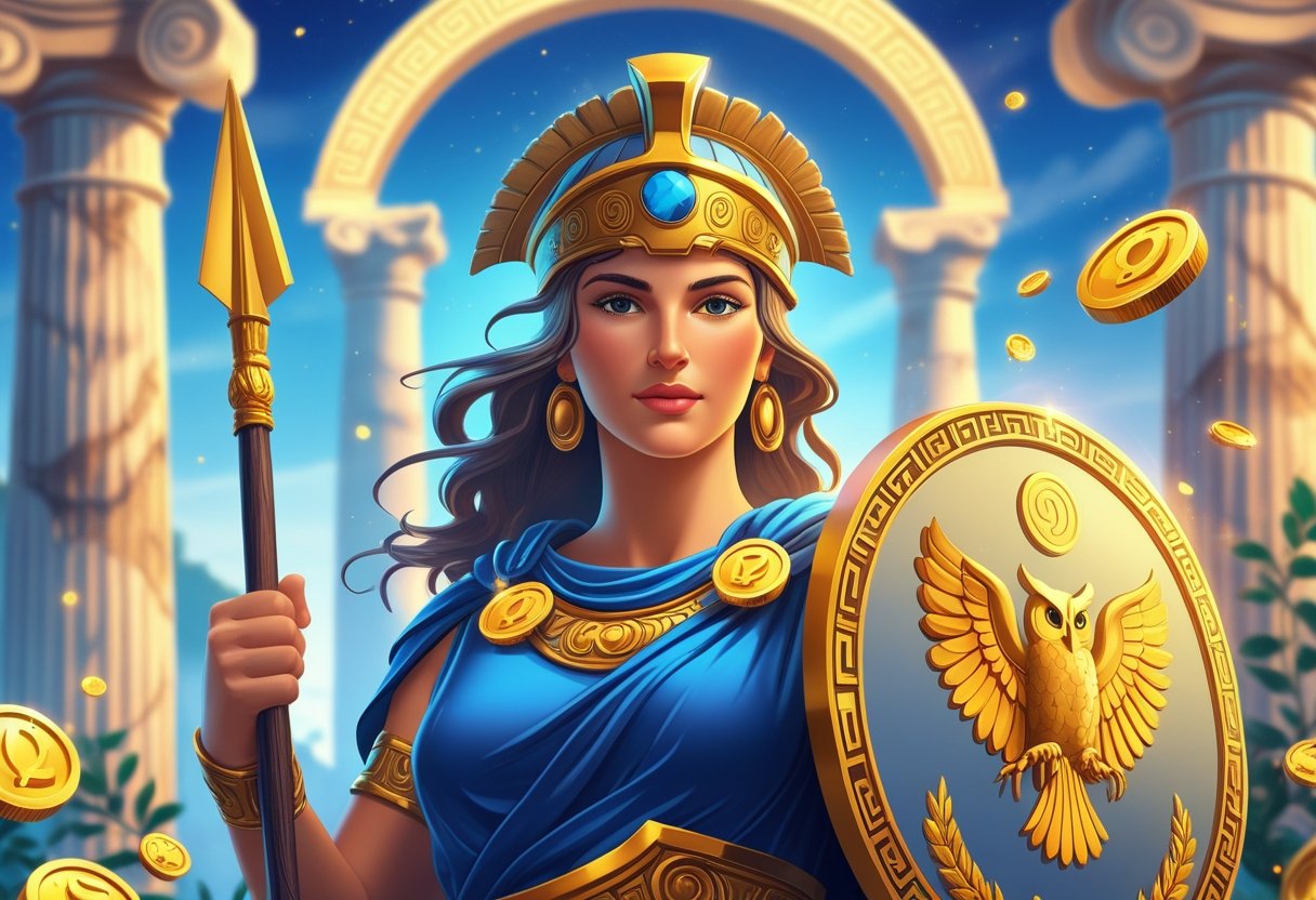 Ilustrasi seorang dewi Athena dengan helm dan perisai, dikelilingi koin emas dan simbol Yunani kuno di depan kuil bergaya Yunani.