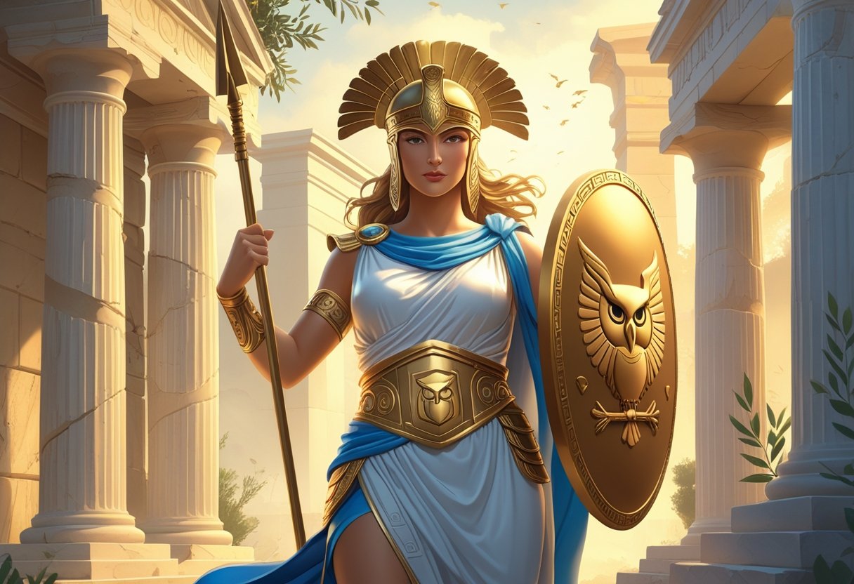 Ilustrasi Athena, dewi Yunani, berdiri dengan helm emas dan jubah putih biru, memegang tombak dan perisai dengan simbol burung hantu, di depan latar arsitektur Yunani kuno dan gulungan mesin slot dengan simbol bertema Athena.