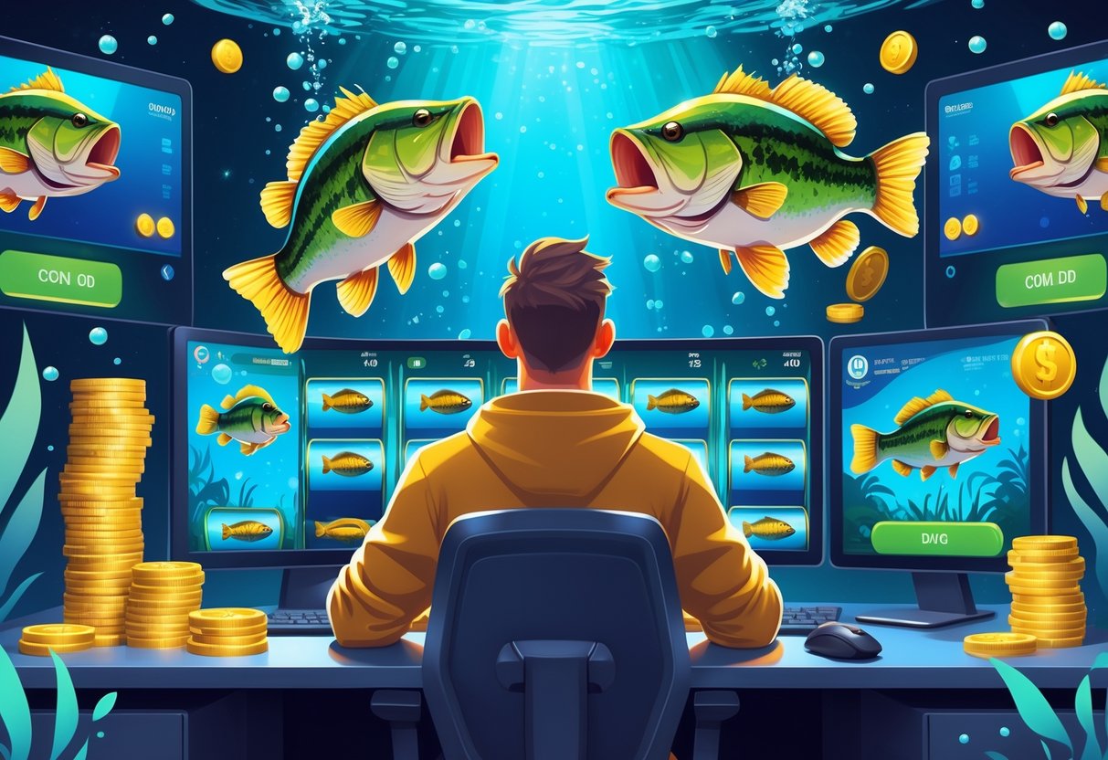 Seorang pemain duduk di depan layar komputer yang menampilkan permainan slot bertema memancing dengan ikan bass besar dan fitur bonus, dikelilingi oleh koin dan simbol strategi permainan.