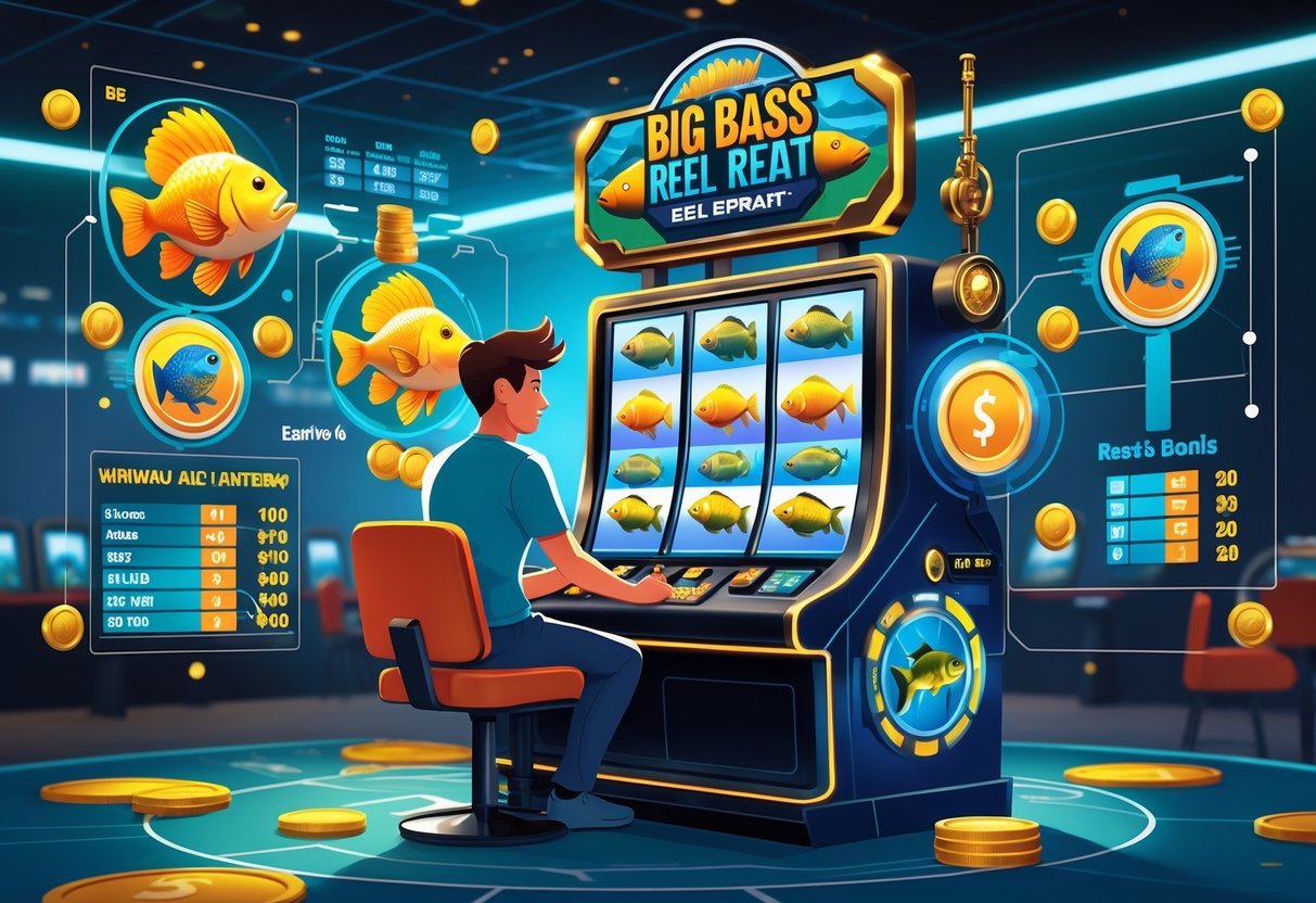 Seorang pemain sedang bermain mesin slot bertema memancing dengan simbol ikan dan alat pancing, dikelilingi oleh grafik dan ikon yang menunjukkan pola dan fitur bonus permainan.