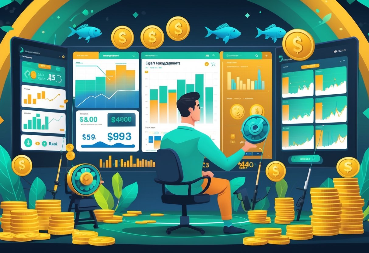 Seorang pria sedang menganalisis grafik dan data keuangan dengan latar belakang elemen permainan memancing dan fitur bonus.