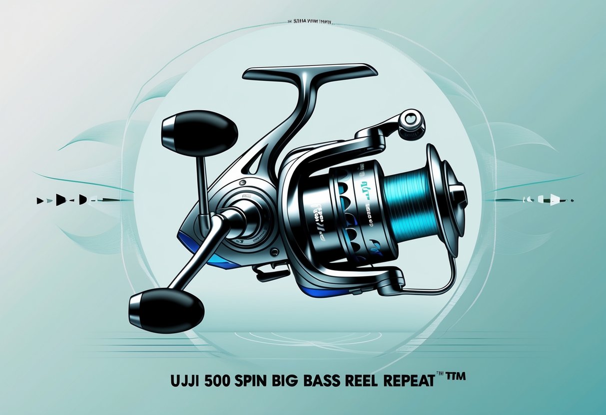 Ilustrasi profesional sebuah reel pancing berteknologi tinggi dengan latar belakang abstrak yang menggambarkan pola dan gerakan berulang.