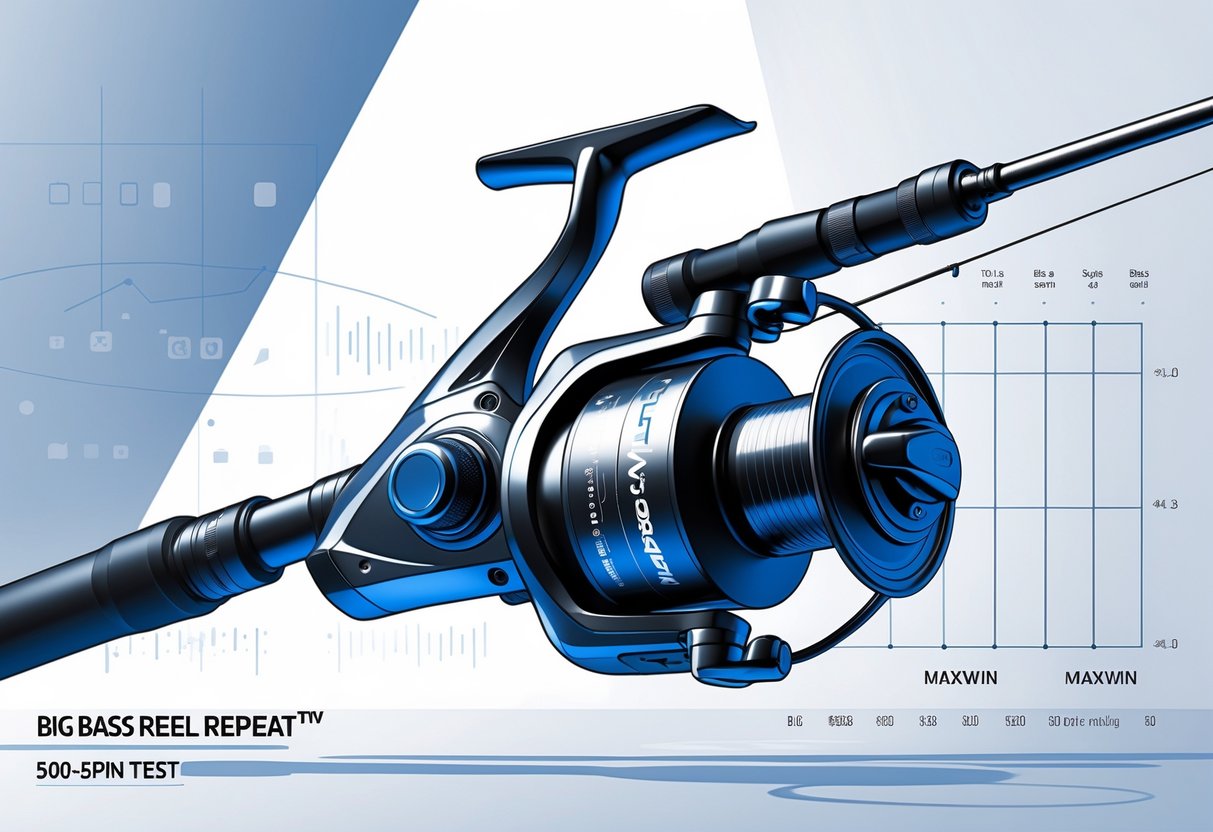 Ilustrasi reel pancing Big Bass Reel Repeat™ sedang diuji dengan 500 putaran, menampilkan pola putaran yang sering menghasilkan kemenangan maksimal.