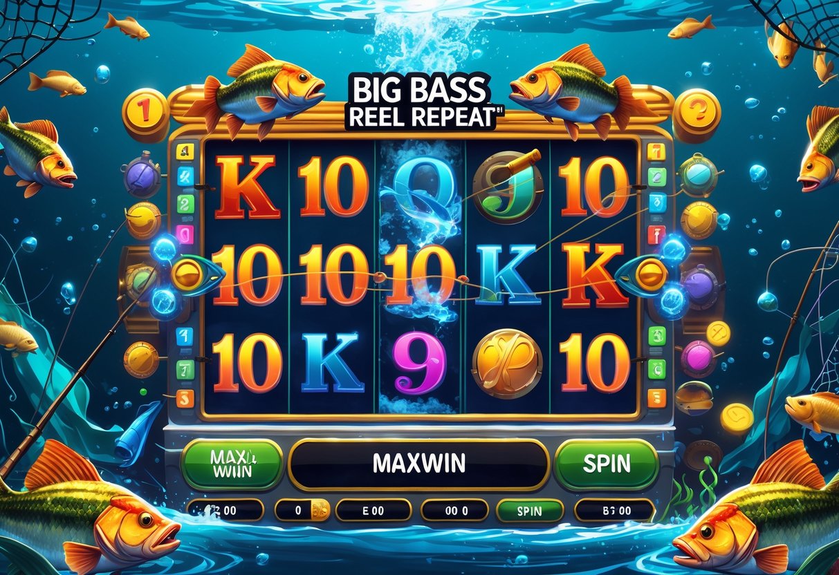 Ilustrasi mesin slot dengan tema memancing menampilkan gulungan berputar dan simbol ikan bass besar serta alat pancing di latar air dan jaring ikan.