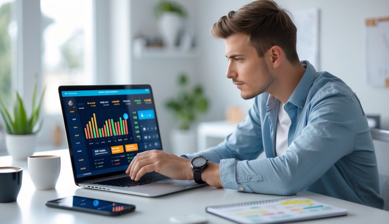 Seorang pria muda duduk di meja dengan laptop, fokus pada layar yang menampilkan platform taruhan online, di ruang kerja rumah yang terang dan rapi.