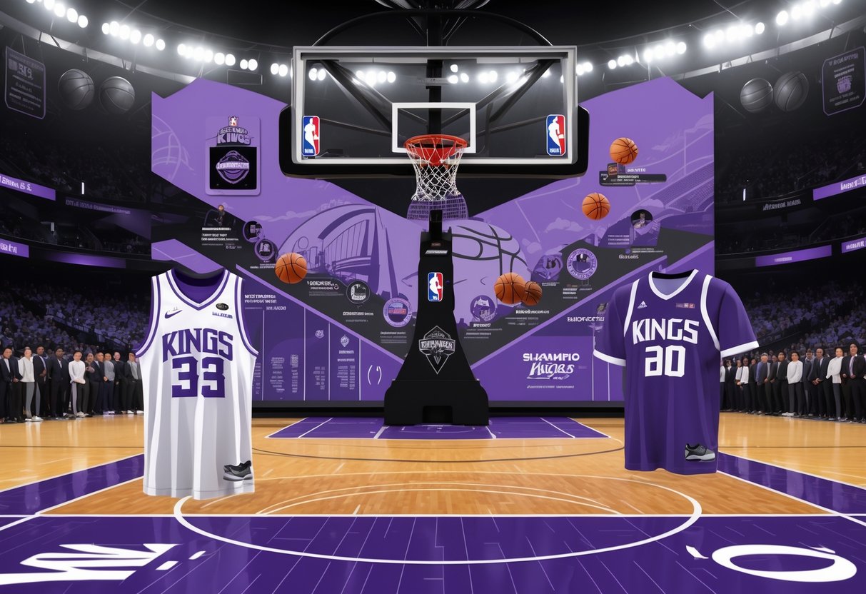 Ilustrasi lapangan basket dengan pemain dan elemen yang menunjukkan perkembangan sejarah tim Sacramento Kings.