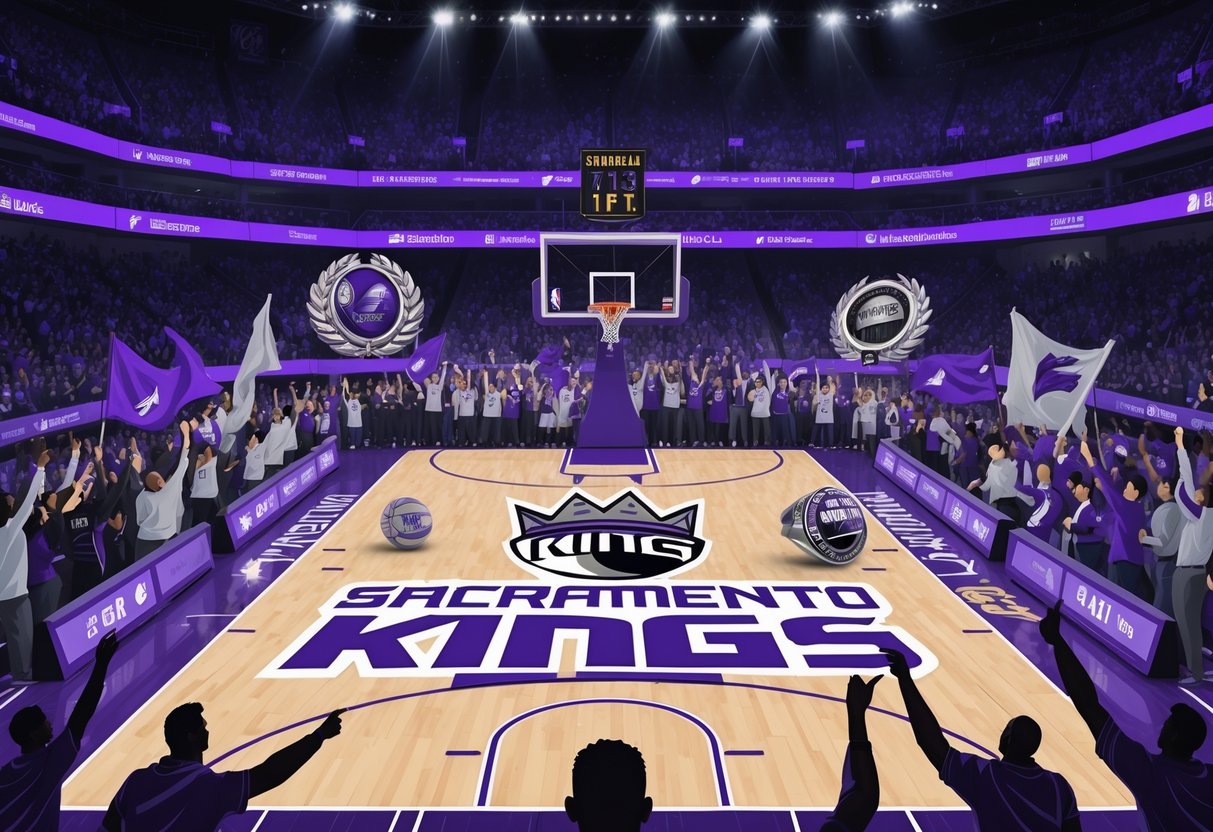 Ilustrasi lapangan basket Sacramento Kings dengan trofi, pemain yang sedang bermain, dan penonton yang bersorak di arena.