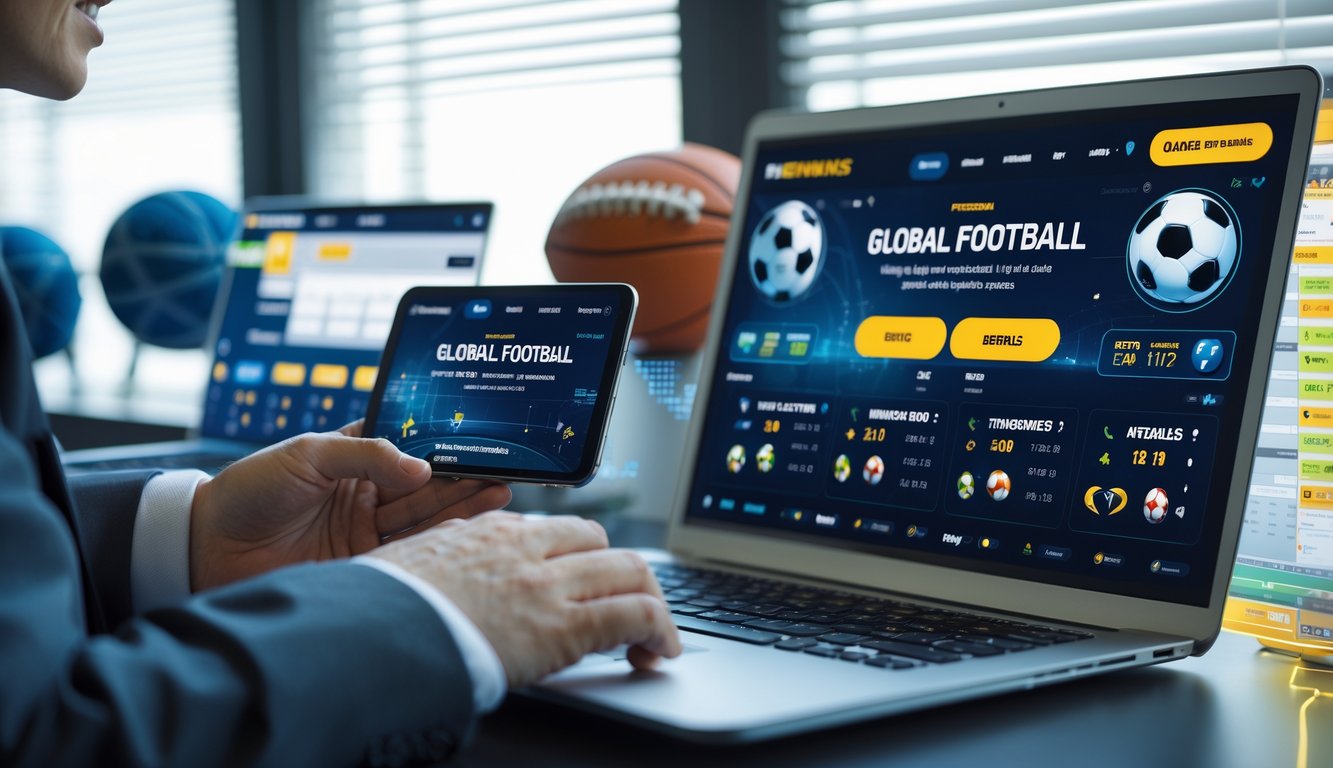 Seseorang menggunakan laptop dan ponsel untuk taruhan olahraga online dengan latar belakang berbagai perlengkapan olahraga dan grafik digital.