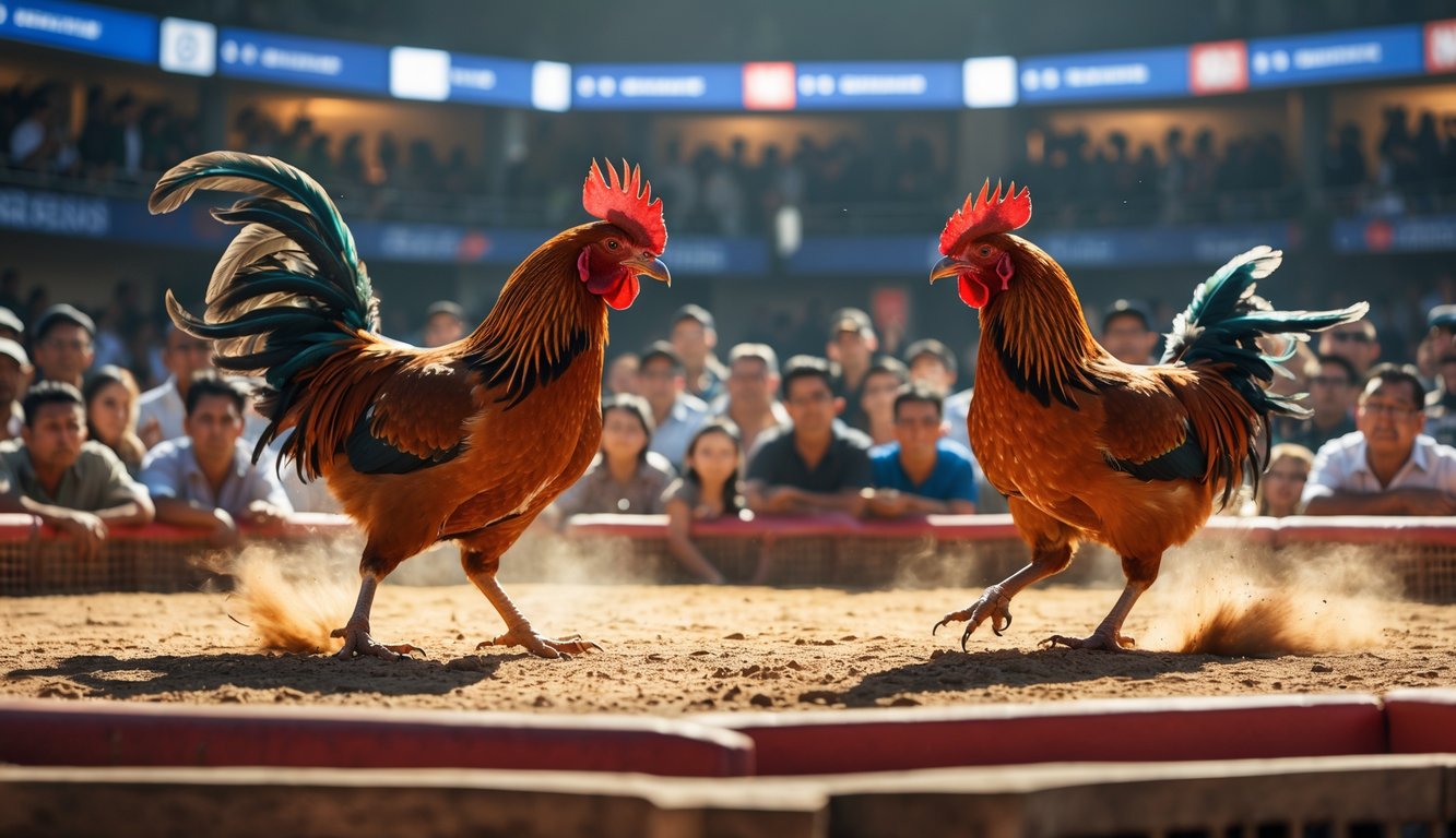 Dua ayam jago sedang bertarung di arena dengan penonton yang antusias mengelilingi mereka.