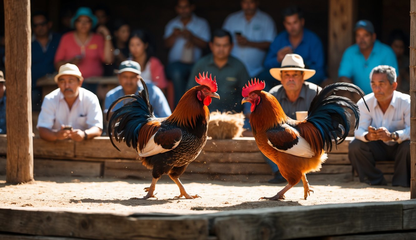 Dua ayam jago sedang bertarung di arena kayu dengan penonton yang memperhatikan dan berdiskusi di sekitarnya.