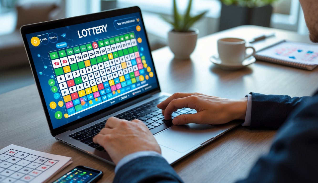 Seseorang sedang menggunakan laptop dengan tampilan antarmuka lotere digital, dikelilingi oleh ponsel, secangkir kopi, dan catatan angka di meja kerja.