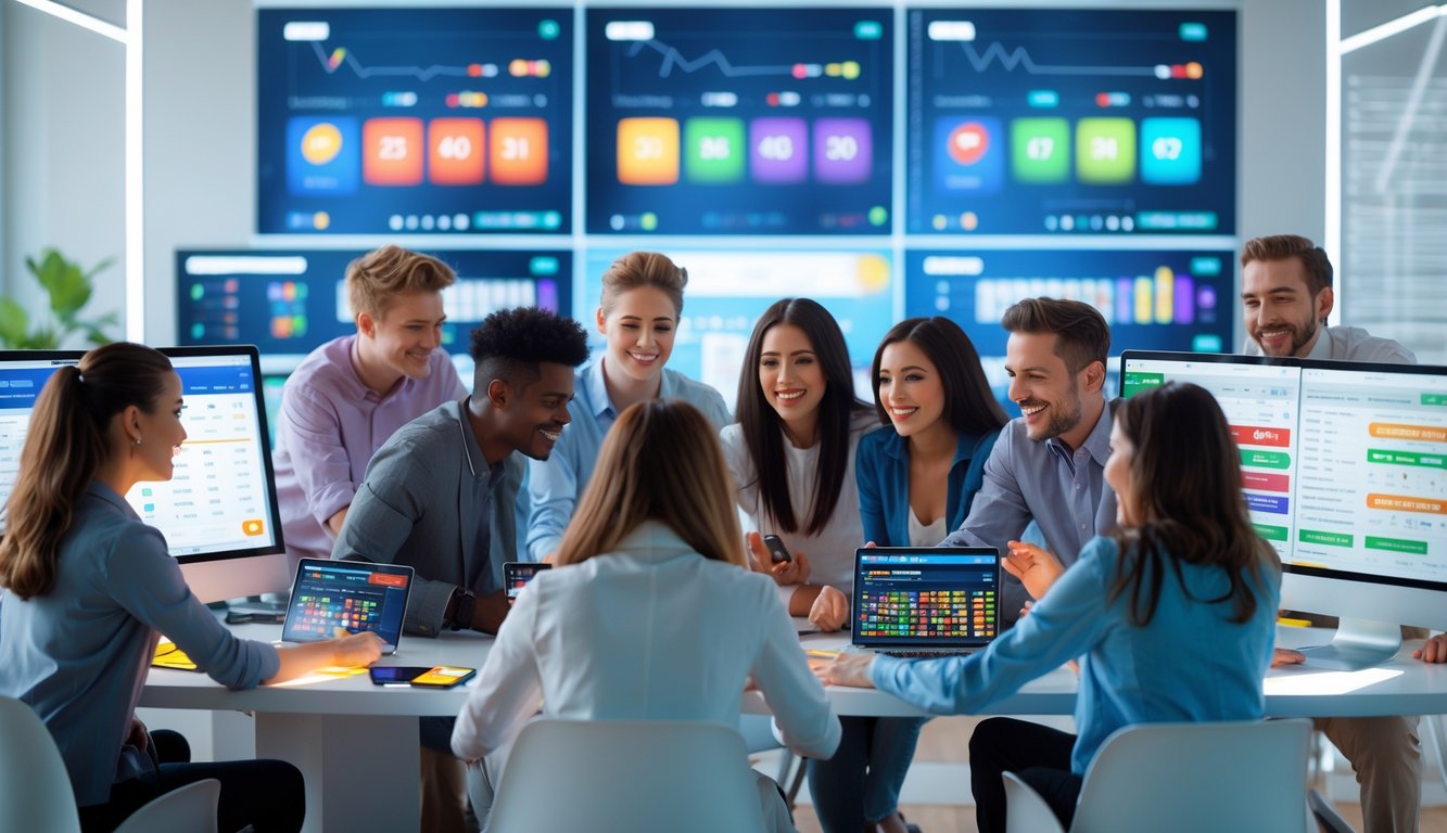 Sekelompok orang muda sedang menggunakan komputer di ruang kerja modern dengan layar menampilkan permainan togel online.