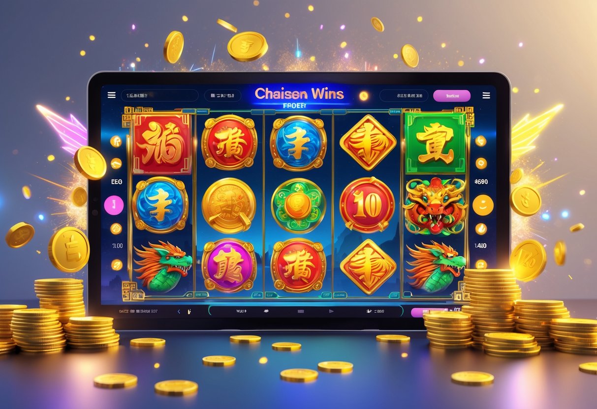 Ilustrasi mesin slot online dengan simbol keberuntungan dan efek koin berkilau di latar belakang modern.