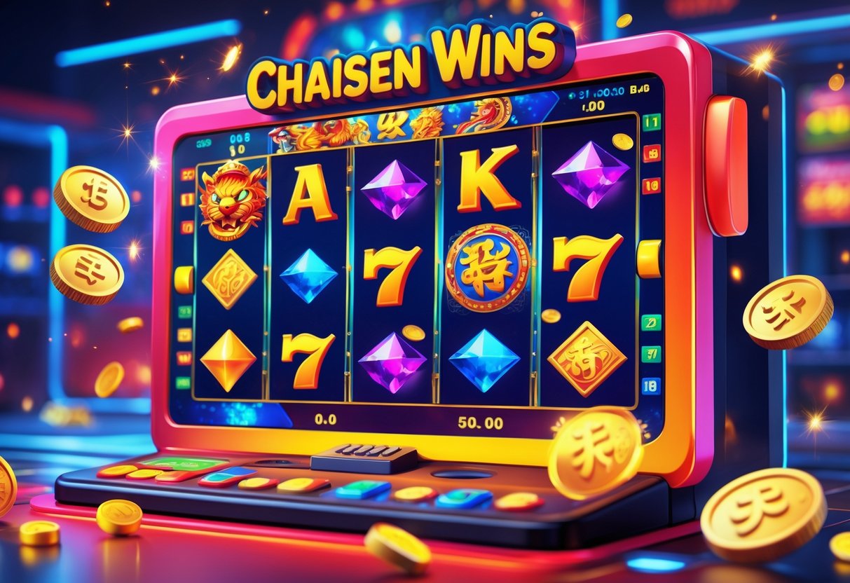 Ilustrasi mesin slot warna-warni dengan simbol keberuntungan dan elemen animasi yang menunjukkan suasana kemenangan dalam permainan slot.