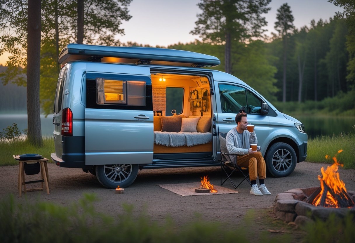 Un van moderne stationné dans un cadre naturel avec une personne assise à l'extérieur, entourée d'arbres et d'un feu de camp.