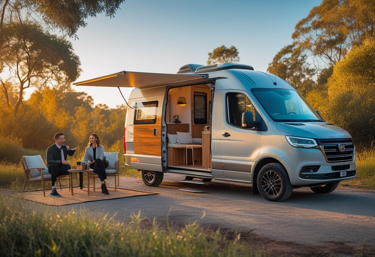 Un couple élégant profite d'un moment de détente à côté d'un van moderne garé dans un cadre naturel ensoleillé.