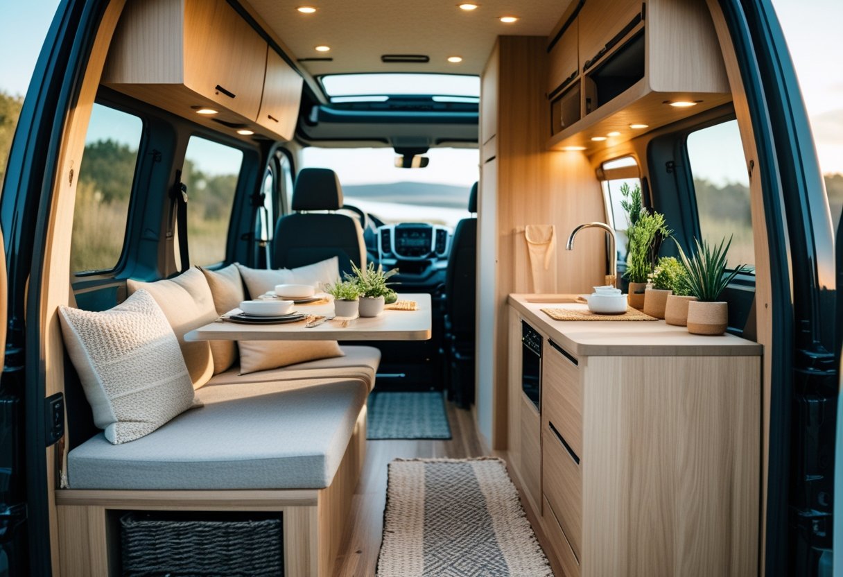 Intérieur d'un van aménagé avec mobilier en bois, coussins, plantes, table pliante et lumière naturelle provenant des fenêtres.