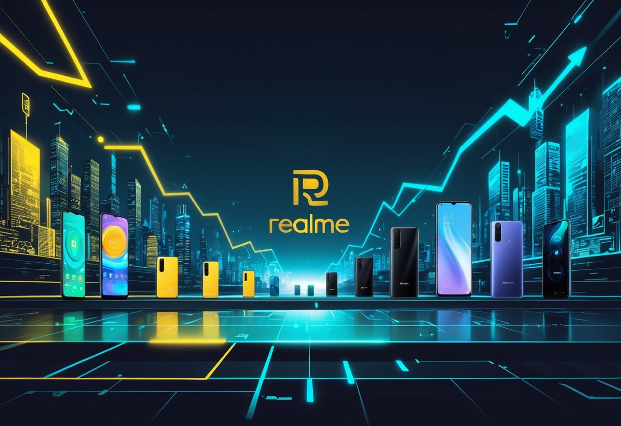Ilustrasi yang menunjukkan perkembangan dan sejarah merek handphone Realme dengan gambar ponsel dari masa lalu hingga ponsel Realme modern dan elemen teknologi di latar belakang.