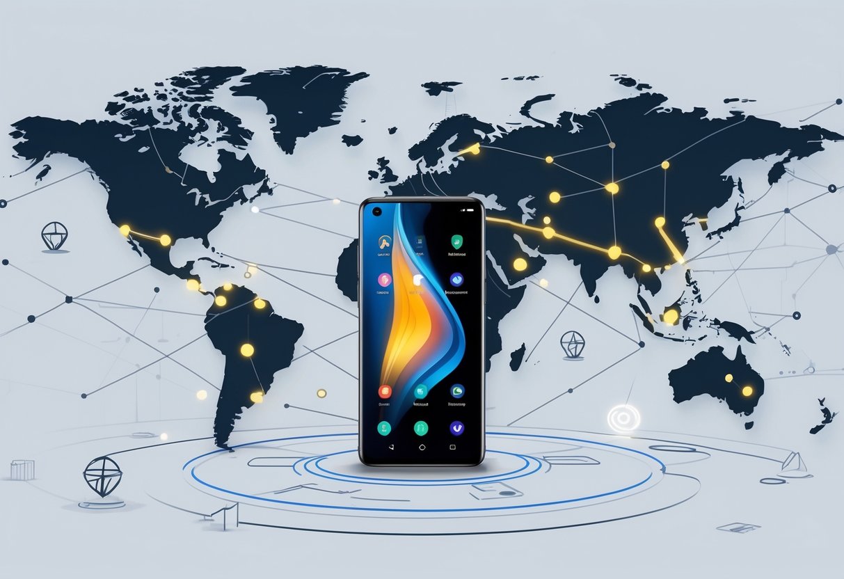 Peta dunia dengan garis koneksi yang menghubungkan kota-kota besar dan sebuah smartphone Realme di depan, menggambarkan ekspansi global dan perkembangan merek Realme.