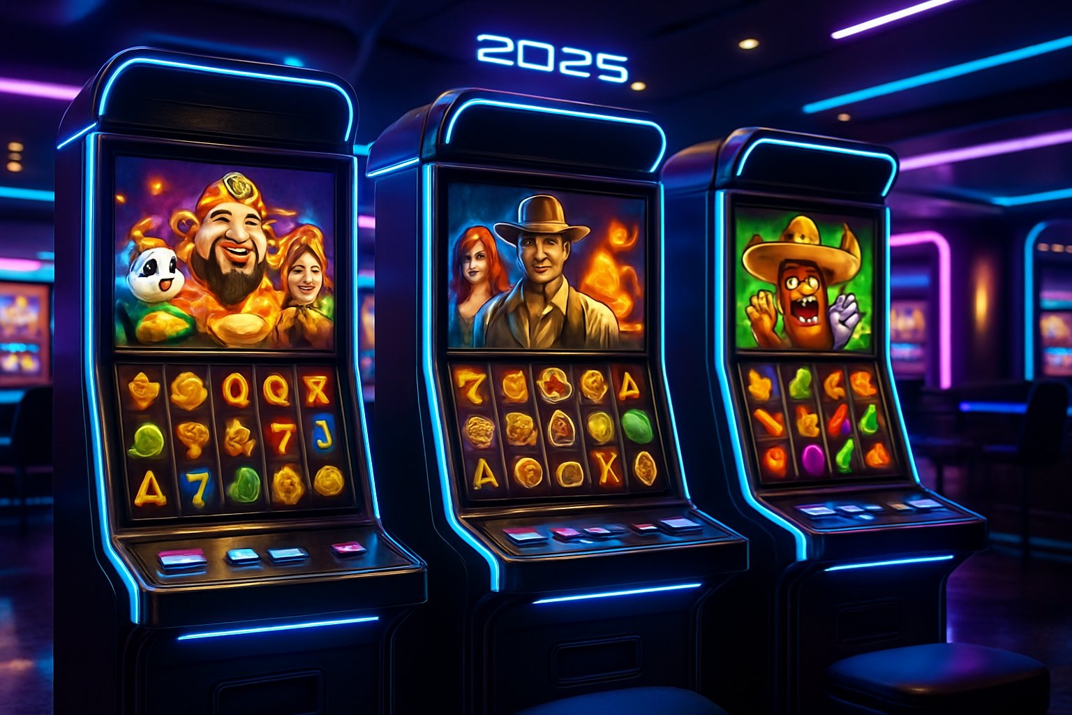 Antarmuka kasino digital futuristik dengan mesin slot berwarna-warni dari penyedia populer di lingkungan kasino modern.
