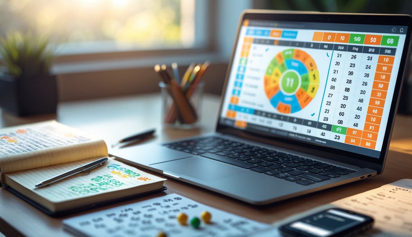 Meja kerja dengan laptop, buku catatan, dan ponsel yang menampilkan aplikasi lotere, dengan cahaya alami di latar belakang.