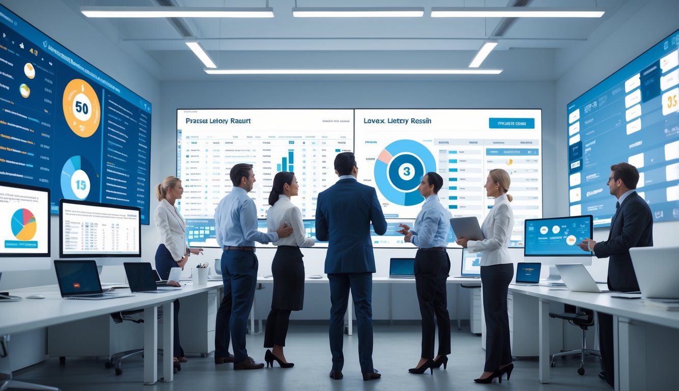 Sekelompok profesional di kantor modern sedang melihat layar digital yang menampilkan grafik dan data hasil lotere secara real-time.