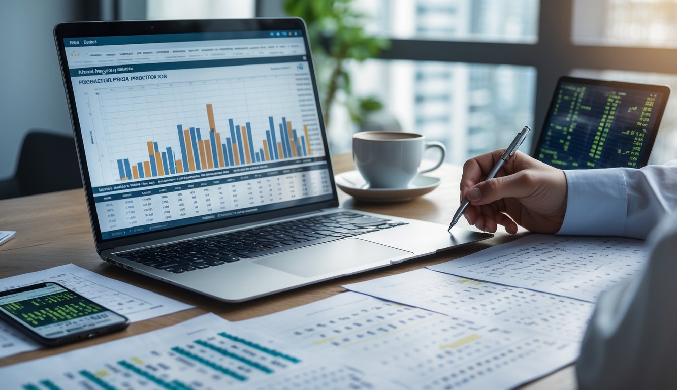 Seseorang sedang menganalisis data angka di meja kerja dengan laptop dan kertas di sekitar.