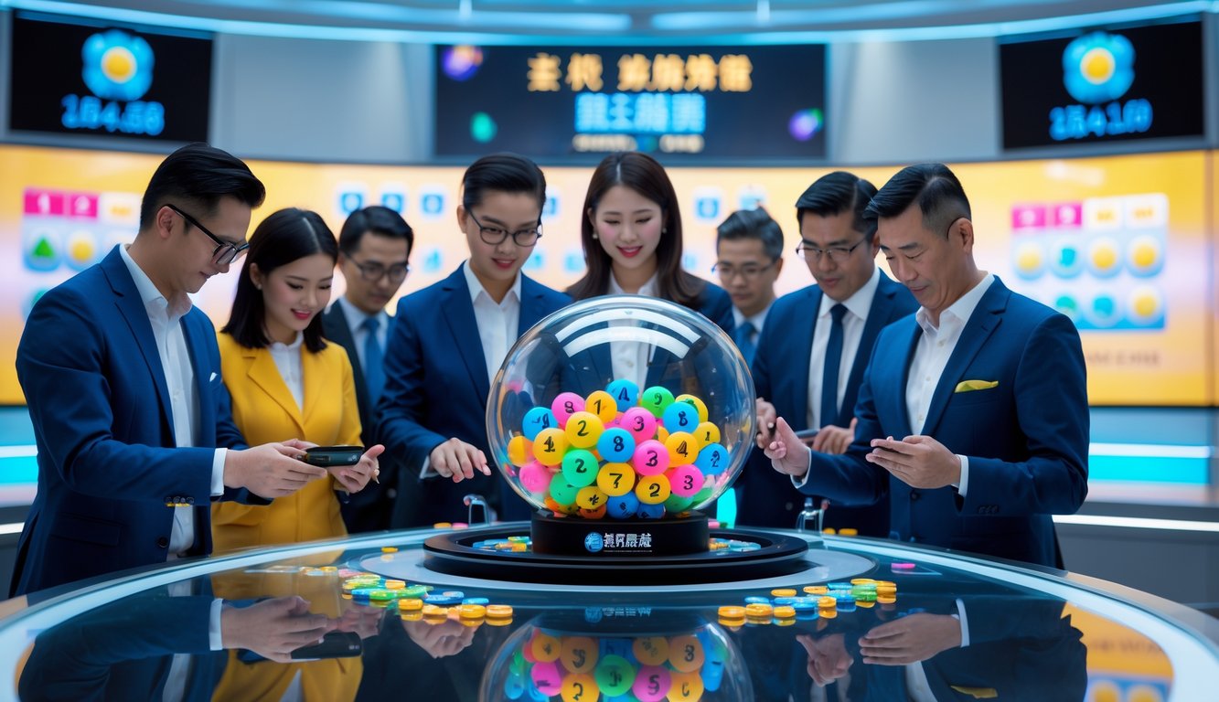 Suasana acara pengundian lotre langsung Hong Kong Pools dengan mesin bola lotre transparan dan beberapa petugas yang sedang bekerja.