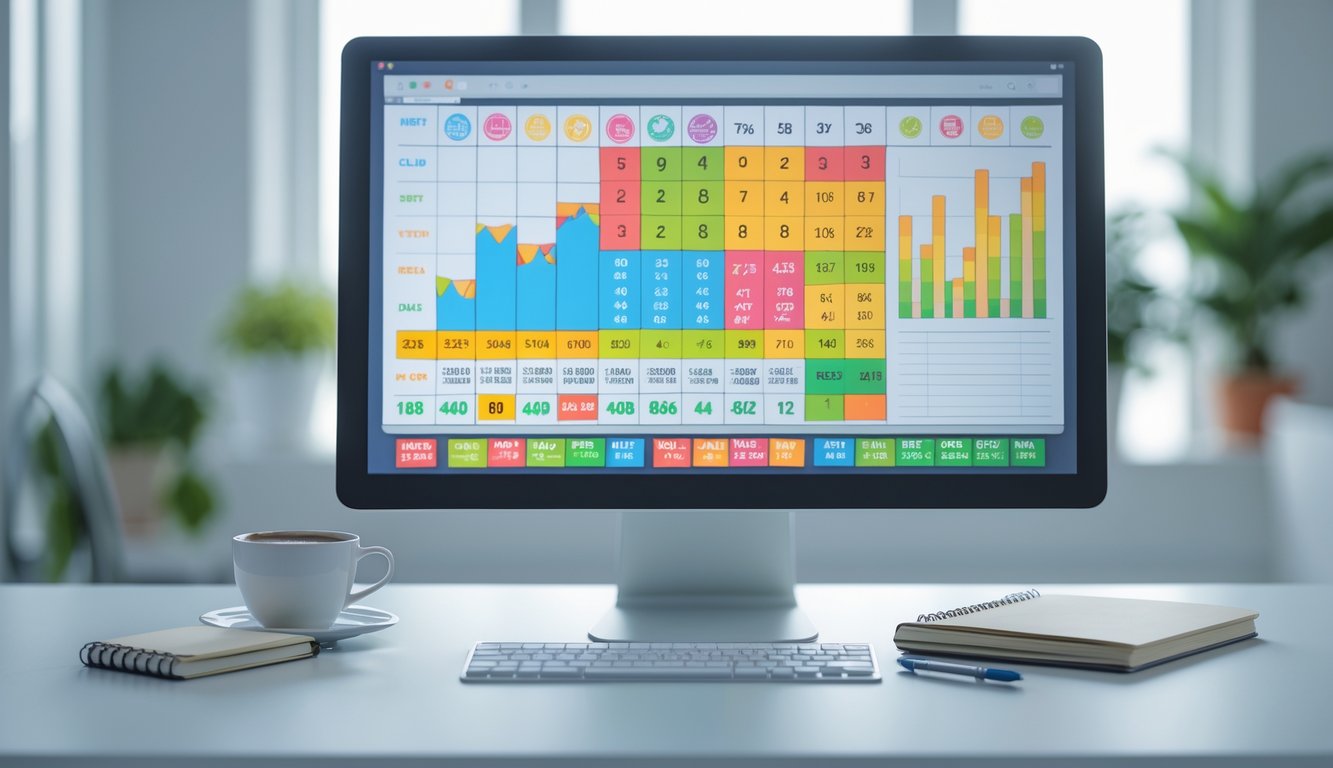 Meja kerja modern dengan komputer yang menampilkan grafik dan data angka, serta buku catatan dan pena di sampingnya.