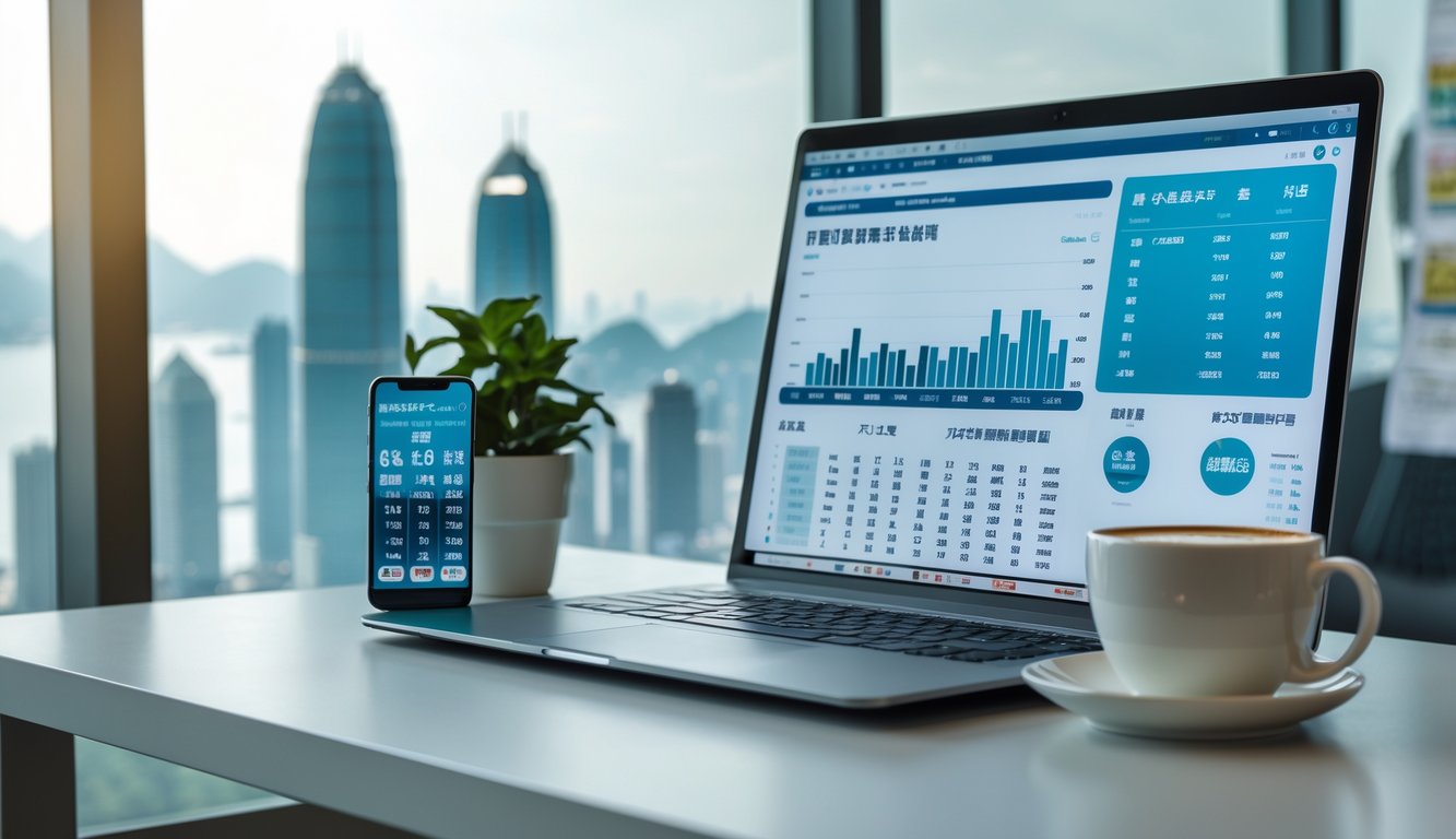 Meja kerja modern dengan laptop, ponsel, dan cangkir kopi, latar belakang menampilkan siluet kota Hong Kong.