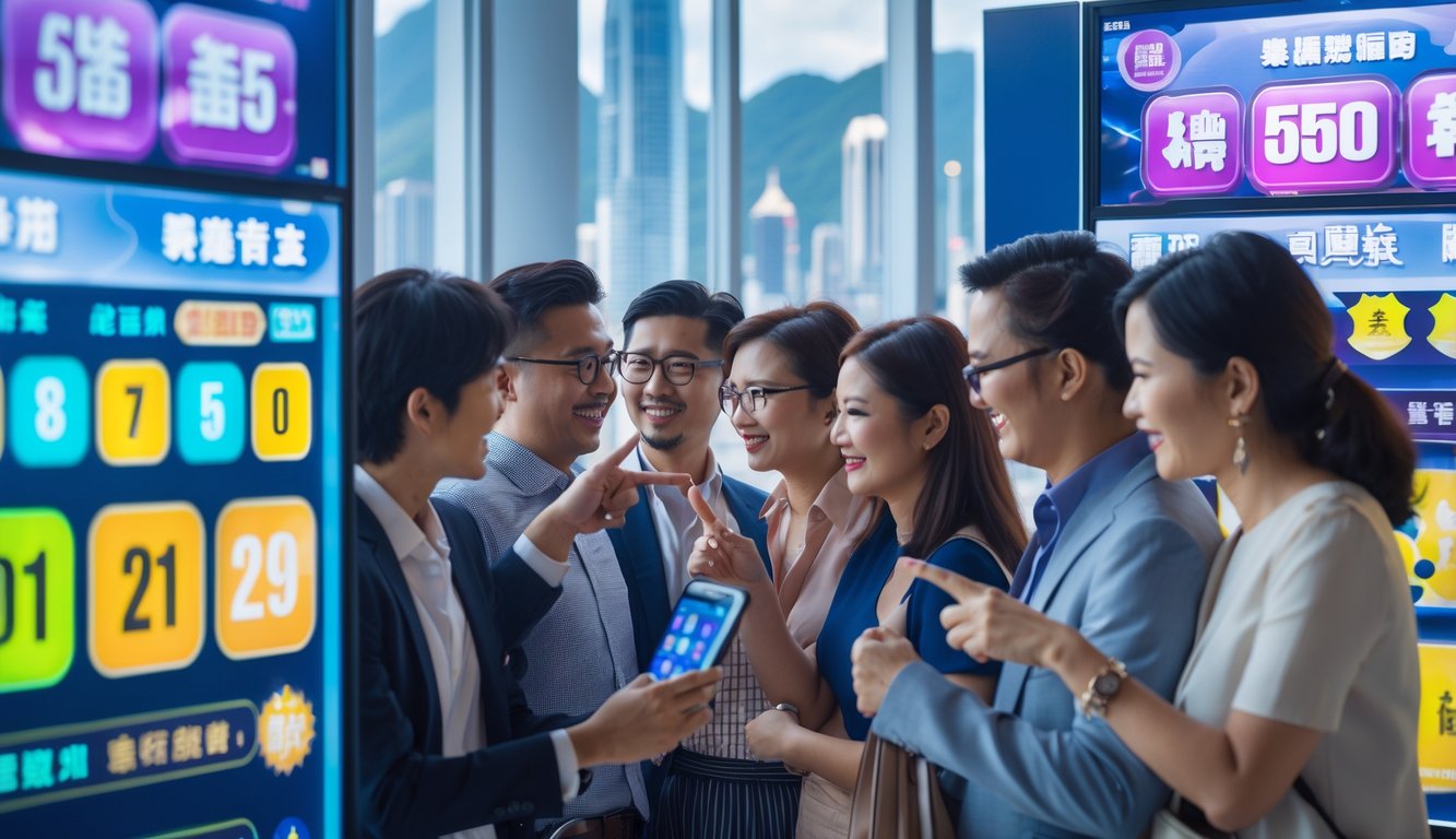 Sekelompok orang melihat layar digital menampilkan nomor undian dan hadiah di sebuah ruangan modern.