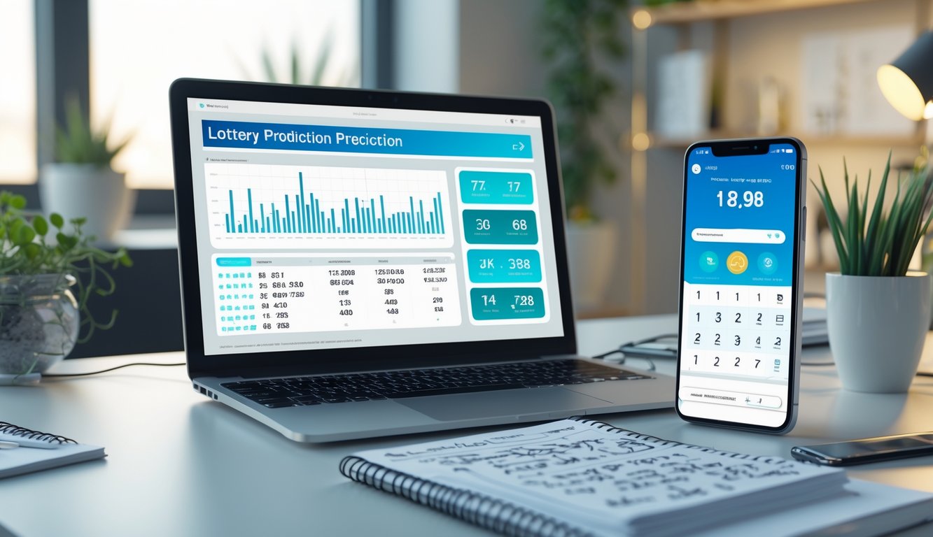 Meja kerja modern dengan laptop, catatan, dan ponsel yang menampilkan data dan aplikasi terkait prediksi togel.
