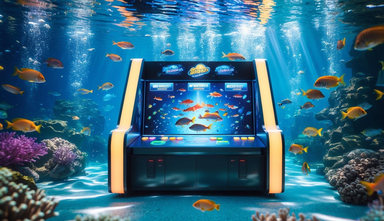 Pemandangan mesin permainan tembak ikan yang cerah dengan latar bawah laut penuh ikan berwarna-warni dan terumbu karang.