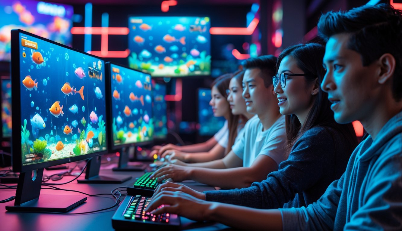 Beberapa orang muda sedang bermain permainan tembak ikan di komputer dengan layar penuh warna dan latar belakang bertema bawah laut.