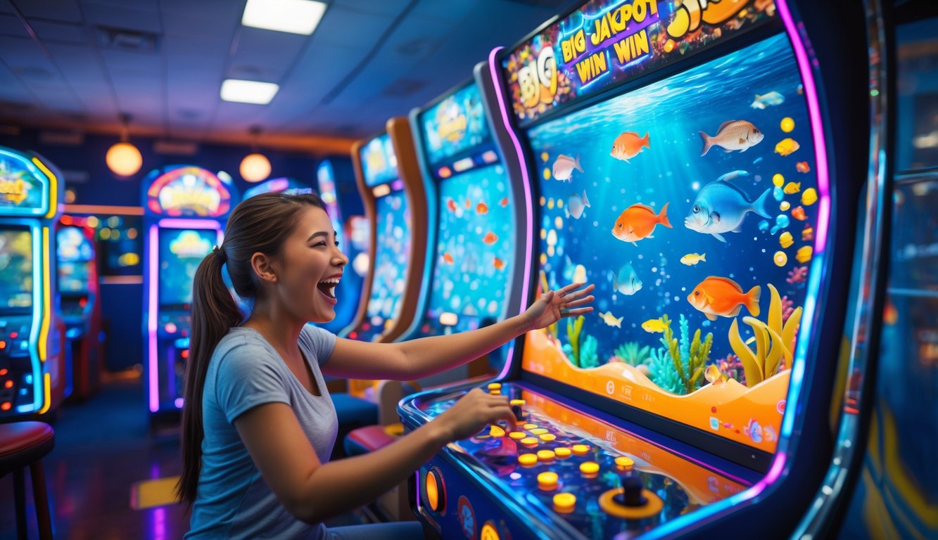 Seorang pemain yang senang sedang bermain permainan tembak ikan di arena permainan dengan layar digital penuh warna dan efek lampu yang meriah.