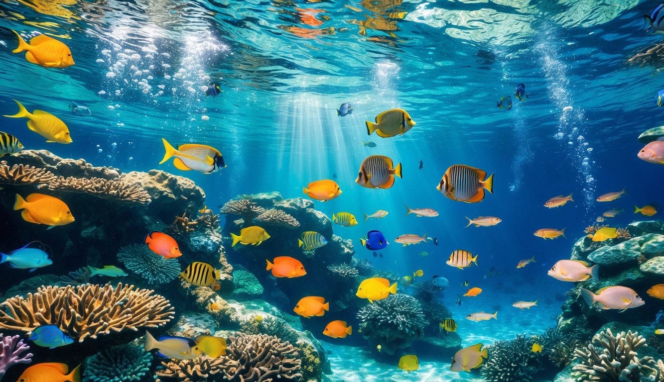 Pemandangan bawah laut dengan ikan tropis berwarna-warni berenang di sekitar terumbu karang yang hidup.