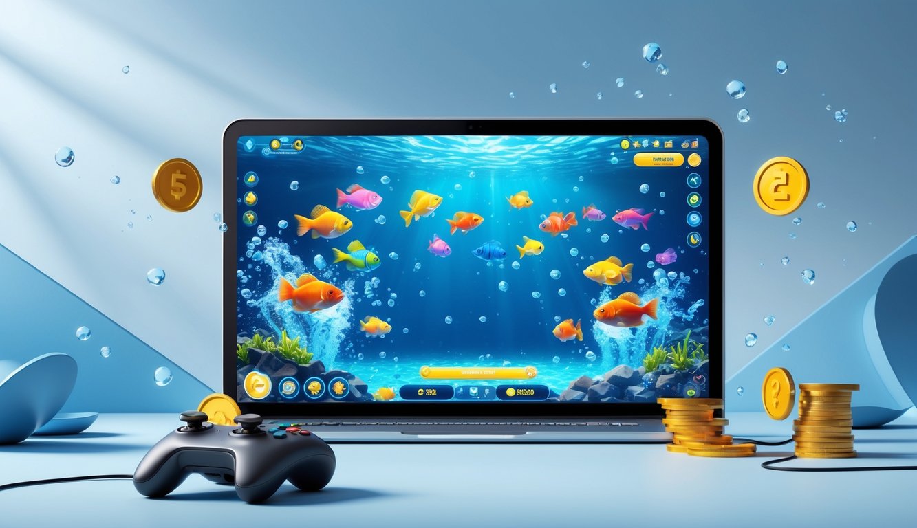 Layar perangkat menampilkan permainan ikan berwarna-warni di bawah laut dengan latar belakang biru dan elemen permainan di sekitarnya.