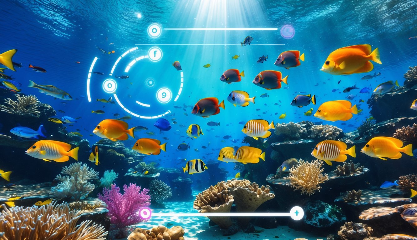 Pemandangan bawah laut dengan berbagai ikan tropis berwarna-warni berenang di antara terumbu karang yang jernih dan berkilau.