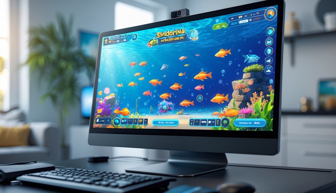 Sebuah setup komputer modern yang menampilkan permainan menembak ikan dengan grafik bawah laut yang berwarna-warni di layar.